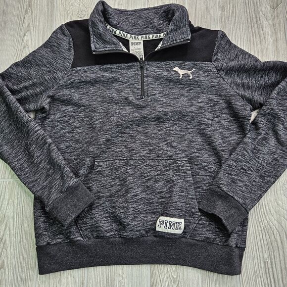 PINK Victoria's Secret Sweater Womens Small 1/4 Zip Black Gray Logo Pullover - Picture 1 of 8